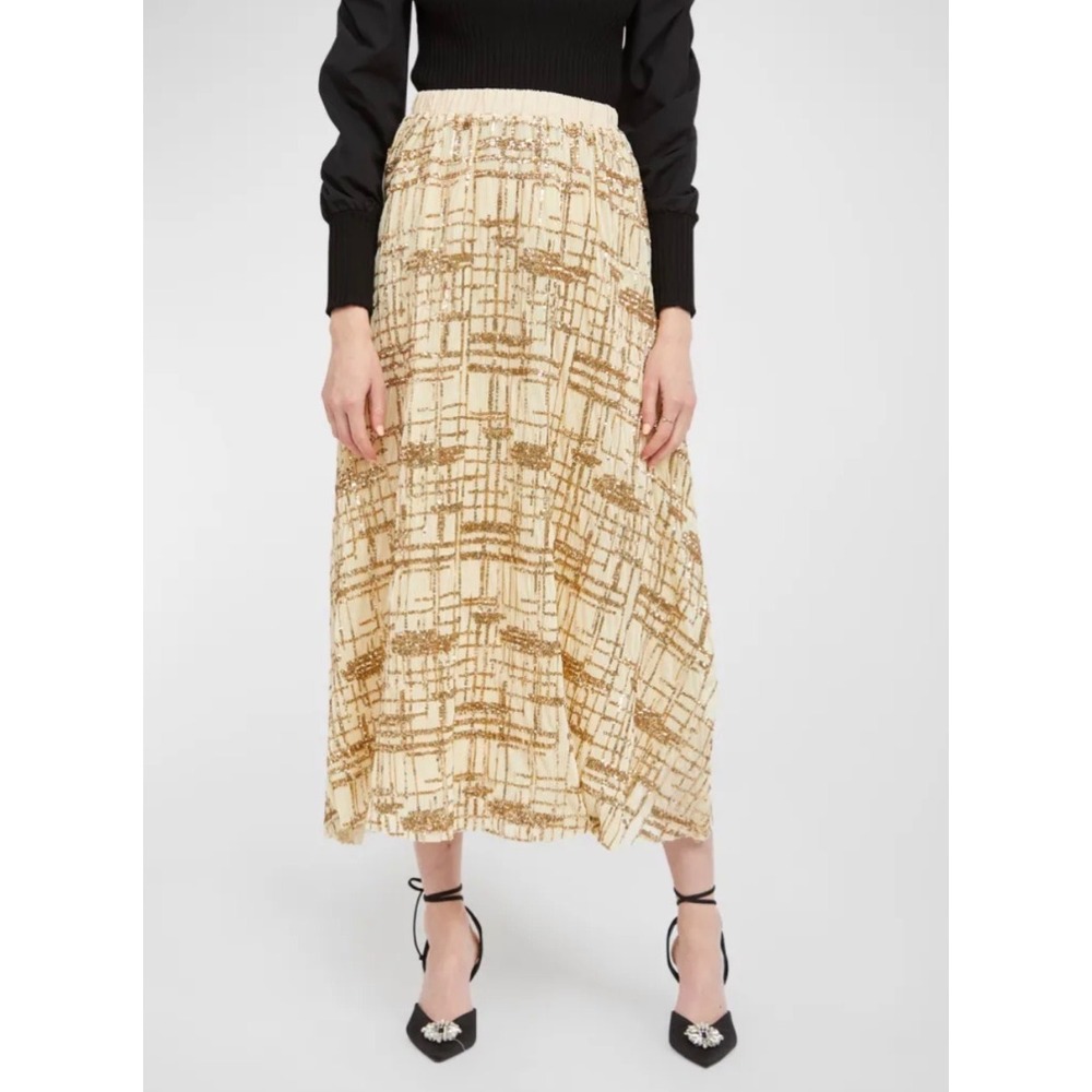 New Free People En Saison Midi Skirt Romi Sequin Gold‎ Flowy Boho Glam Medium - Picture 3 of 12